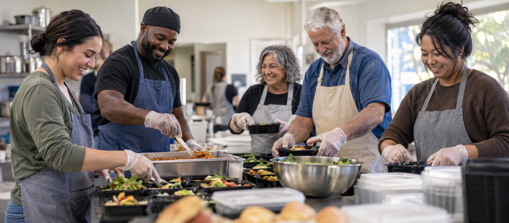 Community volunteers working together to prepare meals for local families