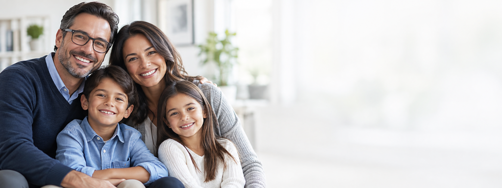 Smiling family representing dental and vision insurance coverage