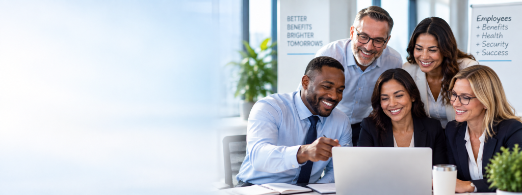 Black, white and Hispanic professionals collaborating in a workplace representing employee benefits and group insurance