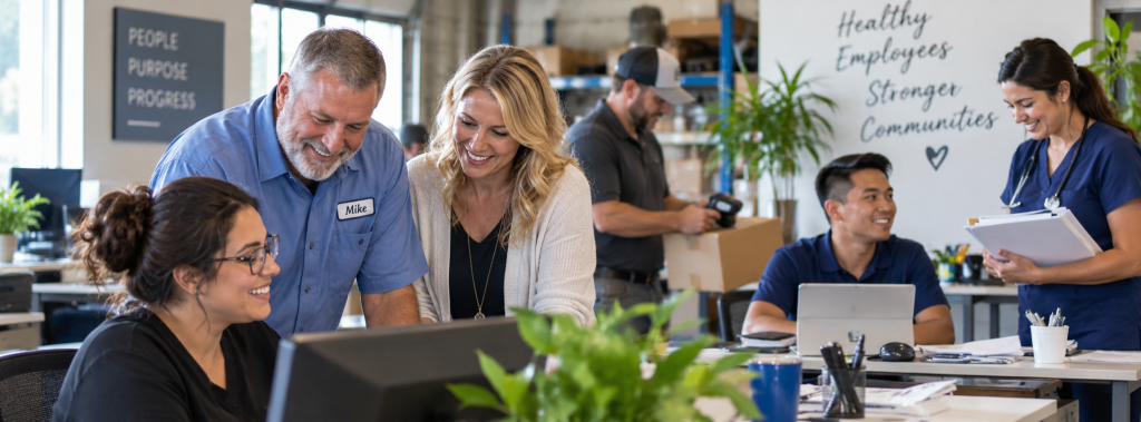 Employees working together in a small business workplace representing group benefits and employee health coverage