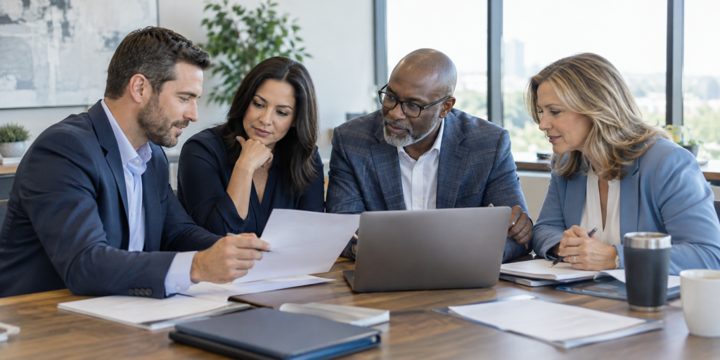 Business leaders reviewing level-funded health plan options
