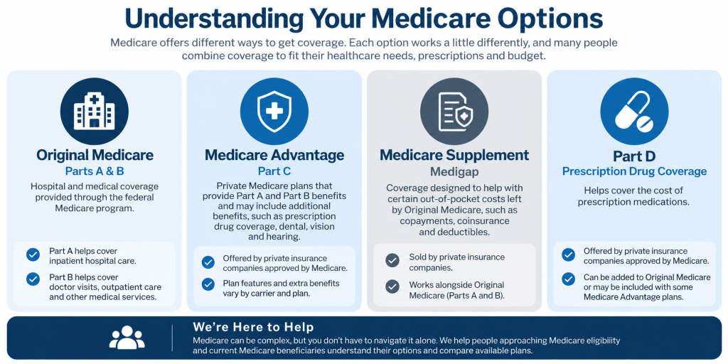 Infographic explaining Original Medicare, Medicare Advantage, Medicare Supplement, and Part D prescription drug coverage